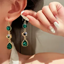 Hoop Huggie Fashion Green Gemstone Long Pearl Tassel Drop Earrings For Women Vintage Jewelry Party Wedding Trendy Dangle 230922