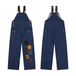 High Street VIBE Style Denim Work Suit Strap Pants Loose Letter Star Embroidery One Piece Pants