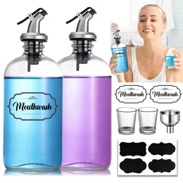 Liquid Soap Dispenser Mouthwash Dispenser Set for Bathroom Glass Refillable Mouthwash Breath Freshener Bottle with Cup Pour Spout Funnel Label 230921