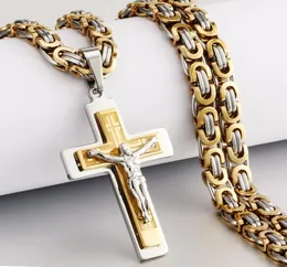 Religious Men Stainless Steel Crucifix Cross Pendant Necklace Heavy Byzantine Chain Necklaces Jesus Christ Holy Jewelry Gifts Q1129340465