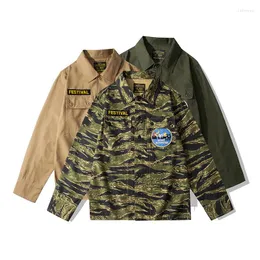 Chemises décontractées pour hommes Automne American Retro Heavyweight Cargo Broderie Camouflage Chemise Mode Pur Coton Lavé Blouses Veste
