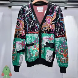 Men's Sweaters Real Pos 23ss Winter WACKO Sweater Men Women Clothes High Quality Full Print Graffiti Green Vneck Pocket Knitted Cardigan 230921