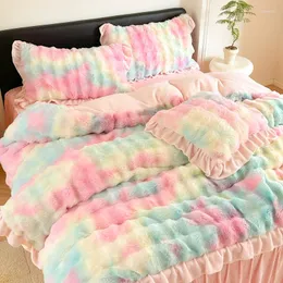 Bedding Sets Gradient Colorful Shaggy Ultra Soft Faux Fur Princess Ruffles Set Mink Velvet Duvet Cover Bed Skirt Pillowcases