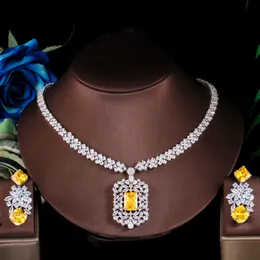 Wedding Jewelry Sets ThreeGraces Shiny Yellow Cubic Zirconia Stone Big Geometric Drop Earrings Necklace Bridal Set for Women TZ691 230922