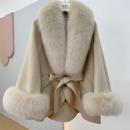 Womens Fur Faux Furtjy Winter Autumn Women Woolen Jacka Real Big Trim Collar Highend Cashmere Blends Luxury Fashionable Cloak 230921