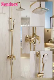 Gold Bathroom Shower Set Senducs Round Rainfall Hand Shower Head Copper Bathtub Mixer Faucets Cold Bath Shower System X07052630821
