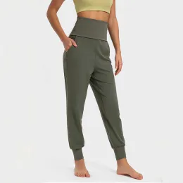 2023New L-43 Ribbed High midja Yoga Outfits Pants Women Loose Breattable Jogger Pant Side Pocket Workout Sports Trousers Gymkläder Sportkläder Original