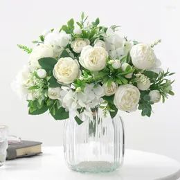 Decorative Flowers Silk Imitation Mori Hydrangea Peony Bouquet Fake Green Plant El Table Decor White Flower Artificial