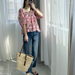 Women's Blouses 2023 Women Blouse Summer Slash Neck Floral Printing Puff Sleeve Loose High Street Chic Stunning Fashion Design Trendy GA