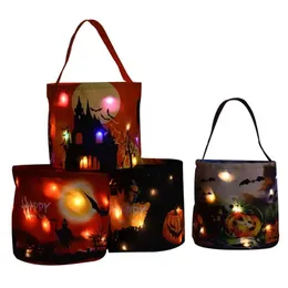 LED Light Halloween Candy Bucket Basket Trick Treat Bags Reusable Tote Bag Pumpkin Candy Gift Baskets With Handle Carrying For Kids Party Supplies Favors