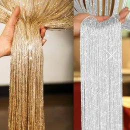 Curtain 1x2m Shiny Curtains Tassel Silver Line String Valance Living Room Divider Wedding DIY Home Decor 230923