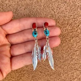 Dangle Earrings Retro Ethnic Women's Inlaid With Turquoise Hanging Long Double Feather Jewelry For Women