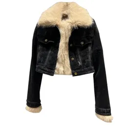 Women's faux fox fur collar denim jeans warm thickening cotton padded liner jacket coat casacos SML