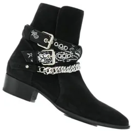 Man Luxury Western Cowboy Double Buckle Suede London Paris Straps Ankle Boots Graffiti Cloth Catwalk Bandana Chain Boots Shoes4648889