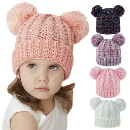 Kid Knit Crochet Beanies Hat Girls Soft Double Balls Winter Warm Hat 12 Colors Outdoor Baby Pompom Ski Caps1448324
