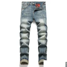 Мужские джинсы Мужские ретро синие мужские простые карманы из эластичного денима Прямые весенне-летние деловые повседневные брюки Повседневная уличная одежда Drop D Dhi9A