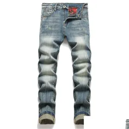 Jeans da uomo Uomo retrò blu uomo tasche semplici denim elasticizzato dritto primavera estate pantaloni casual da lavoro streetwear quotidiano Dhi9A