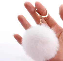 Rabbit Fur Ball Keychain Soft Lovely Gold Metal Key Chains Pom Poms Plush With Pearl Car Keyring Bag Cjigd4651060