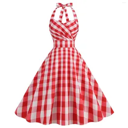 Casual Dresses Plaid tryckt vintage klänning Kvinnor ärmlös halterband Dres cocktailparty Swing Elegant och Pretty Women's