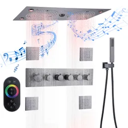 ガングレーのサーモスタットシャワーシステムLED降雨シャワーヘッドバスルーム蛇口バスミキサー音楽セット