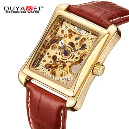 OUYAWEI Mechanical Watch Men brand Wristwatch Leather Strap Self Wind Gold Skeleton Watch For Case Rectangle Sport Montre Homme2796