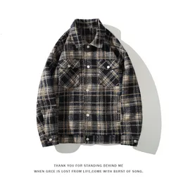 Men's Wool Blends Plaid Woolen Coat Men Fashion Retro Jacket Streetwear Loose Short Mens Shirt Plus Size M5XL 230922