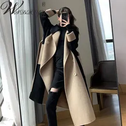 Mistura de lã feminina casaco longo de lã 2023 outono inverno duplo breasted vintage sobretudo oversized retalhos cores coreano trench jaqueta cinto 230922