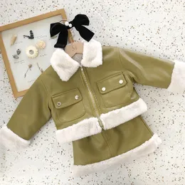 Clothing Sets Girls Clothes Winter Children Fleece Velvet Thicken Warm Jacket Coat Skirt Kids PU Leather Outfits Set 230923