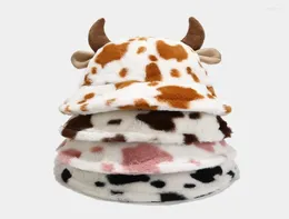 Berets Plush Hats Warm Basin Women Men Summer Cotton Bucket Hat Milk Cow Pattern Kawaii Horn Ears Wide Brim Sunscreen Fisherman Ca6226674