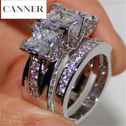 With Side Stones CANNER Luxury Crystal Wedding Sparkling Ring Set Engagement Rings For Women Cluster Bridal Dainty Female Party Jewelry R4