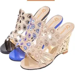 2018 Summer Women Rhinestone Wedges Sandals Slingbacks Open Toe Woman Sandels Shoes Cut Out Heel Flowers Ladies Party Shoes4486915