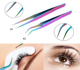 Stainless Steel Straight Curved Eye Lashes Tweezers Rainbow Colored False Fake Eyelash Extension Nippers Pointed Clip Profession1481086