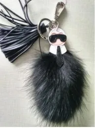 Kvalitet och integritet Luxury Logo Fluffy Karl äkta tvättbjörn päls Pompom Monster Bag Bugs Charm Keychain Plush Key Ring Leather Tassel Pompom