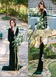 Custom Emerald Green Velvet Evening Dresses Long Sleeve Deep V Neck Backless Long Mermaid Party Gowns Plus Size Prom Dresses7239856