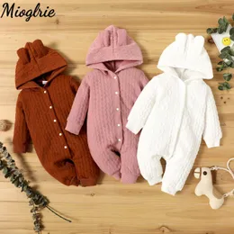 Rompers Autumn Winter Baby Romper pojkar flickor vackra öron huva långärmad baby kläder solid född vinterkläder baby flicka kläder 230923