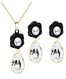Schwarze Blume Perle Tropfen Kristall Halskette Ohrringe Brautschmuck Set hochwertiger günstiger Schmuck für Frauen 800061396183