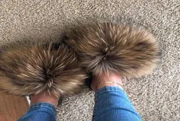 Summer Women Fox Fur Slippers Real Fur Slides Female Indoor Flip Flops Casual Raccon Fur Sandals Furry Fluffy Plush Shoes H0822333376