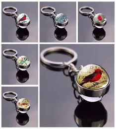 Cardinal Grosbeaks Dragonfly Glass Ball Key Rings Red Bird Art Pendant Double Sided Keychain Jewelry Accessories9896062