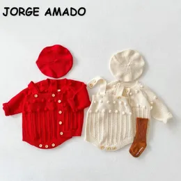 Kleidung Sets Frühling Herbst Baby Mädchen Junge 2 stücke Set Rot Aprikose Handgemachte Ball Gestrickte Strickjacke TopStrap Bodysuit geboren Kleidung E86041 230923