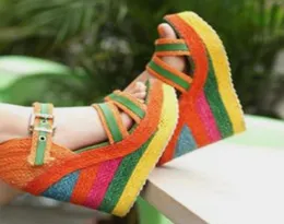 Sandals Rainbow Color Women039s Summer Wedges Shoes Woven Platform Heels Ladies 2021 Style Fashion Female Ankle Buckle Strap7767653