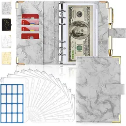 الإيداع لوازم A6 PU PU MARBLE NOTERT BINDER BINDER PLANNER منظم الأموال للادخار النقدي مع 12 ملصقات جيوب مغلف ZIPPER 230923