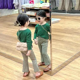 Clothing Sets 2023 Kids Girls Autumn Spring Clothes Set Cotton Solid Stretch Flared Pants Suit Vintage Open Stitch Shirt Children Girl