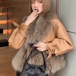 Womens Fur Faux XPQBB Winter Coat Woman Korean Fashion Pu Leather Patchwork Jackets Damer Långärmad krage Outwear 230922