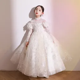 Graceful white Flower Girl Dresses For Wedding A Line Lace Long Sleeves Toddler Pageant Gowns Tulle floor length crystal shiny bling birthday First Communion Dress