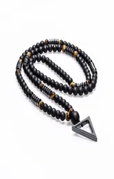 New Design Long Necklace 8MM Tiger Stone Bead Black Men039s Hematite Triangle Pendants Necklace Fashion Geometry Jewelry Gift4981290