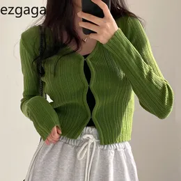 Women's Knits Tees Ezgaga Cropped Cardigan Women V Neck Covered Button Solid Stretch Thin Spring Long Sleeve Knitted Tops Casual Lady Sweater 230922