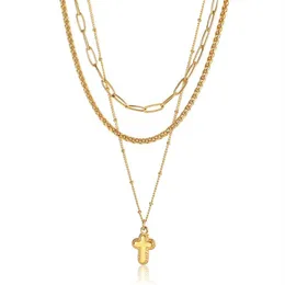 Kettingen Dames Ketting Stack Set Gelaagd Goud Kleur Roestvrij Staal Paperclip Tarwe Satelliet Link Chain 3pcs Tiny Cross Charm LDN2272K