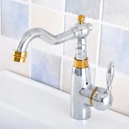 Bathroom Sink Faucets Polished Chrome & Gold Color Brass Swivel Single Handle Kitchen Wet Bar Vessel Faucet Mixer Tap One Hole Asf813