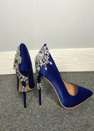 Dress Shoes Woman Twine Diamonds Flower High Heel Blue Crystal Party Rhinestones Silk Pumps Wedding2301014