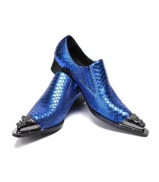 Fashion Blue Scales Genuine Leather Men Oxfords Shoes Big Size Metal Pointed Toe Slip on Formal Party Dress Shoes6190049